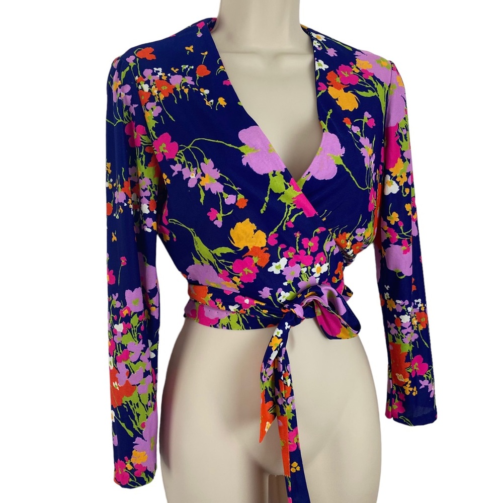 Vintage Wrap Shirt Floral Womens size 10 Neon 60s 70s FLAWS Daisy Jones OOAK